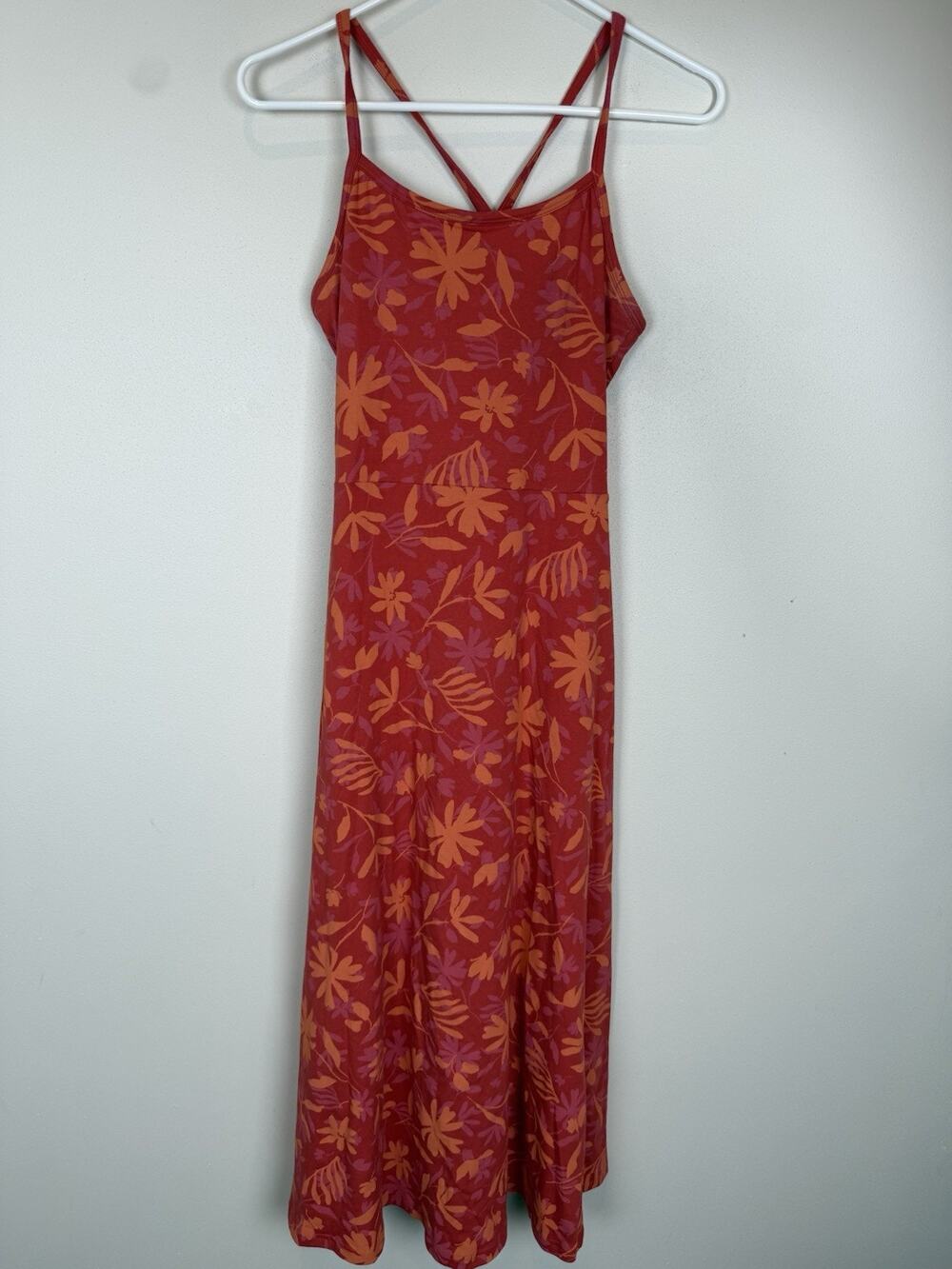 Pact Organic Cotton Fit & Flare Midi Dress Pink Orange Floral Pockets Medium